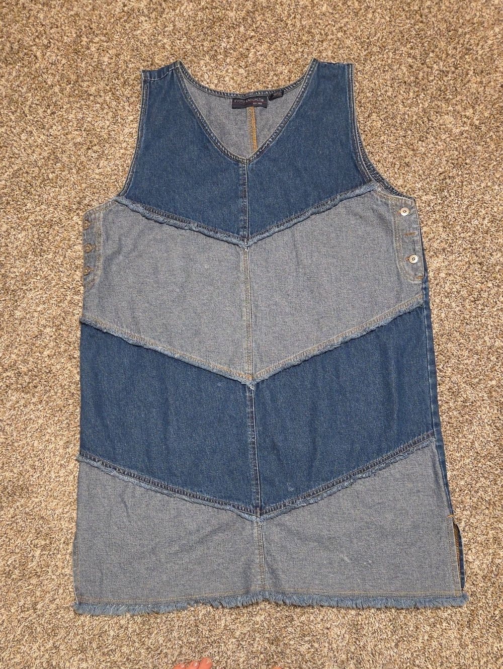 Vintage KYOTO CASUALS 100% Cotton Denim Chevron Patchwork Tank Dress - Blue - Picture 1 of 9